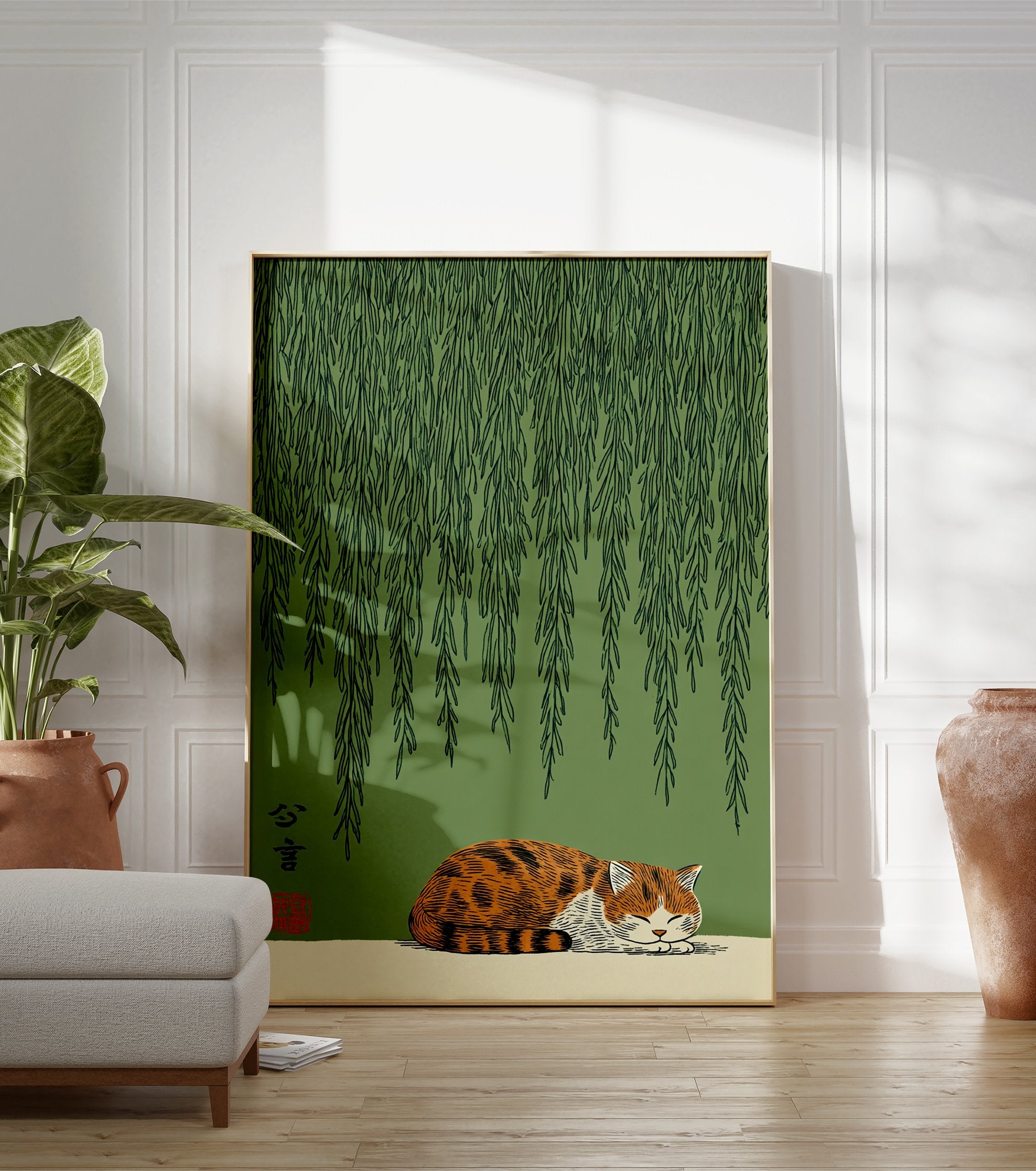 Japanese sleeping cat poster under green willow tree branches with traditional calligraphy and a red seal. - Image 3