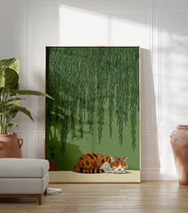 Japanese sleeping cat poster under green willow tree branches with traditional calligraphy and a red seal. - Image 3