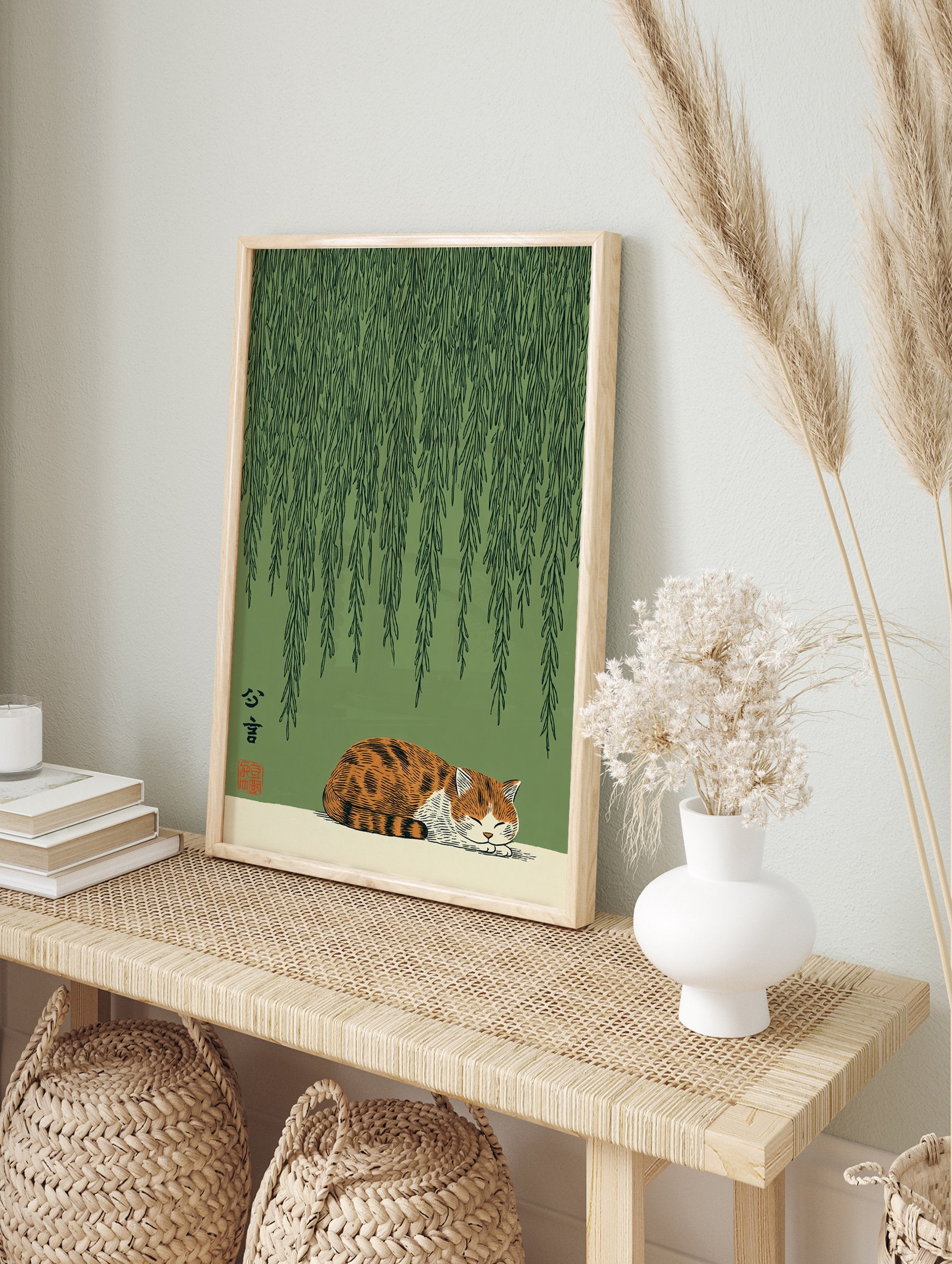 Japanese sleeping cat poster under green willow tree branches with traditional calligraphy and a red seal. - Image 4