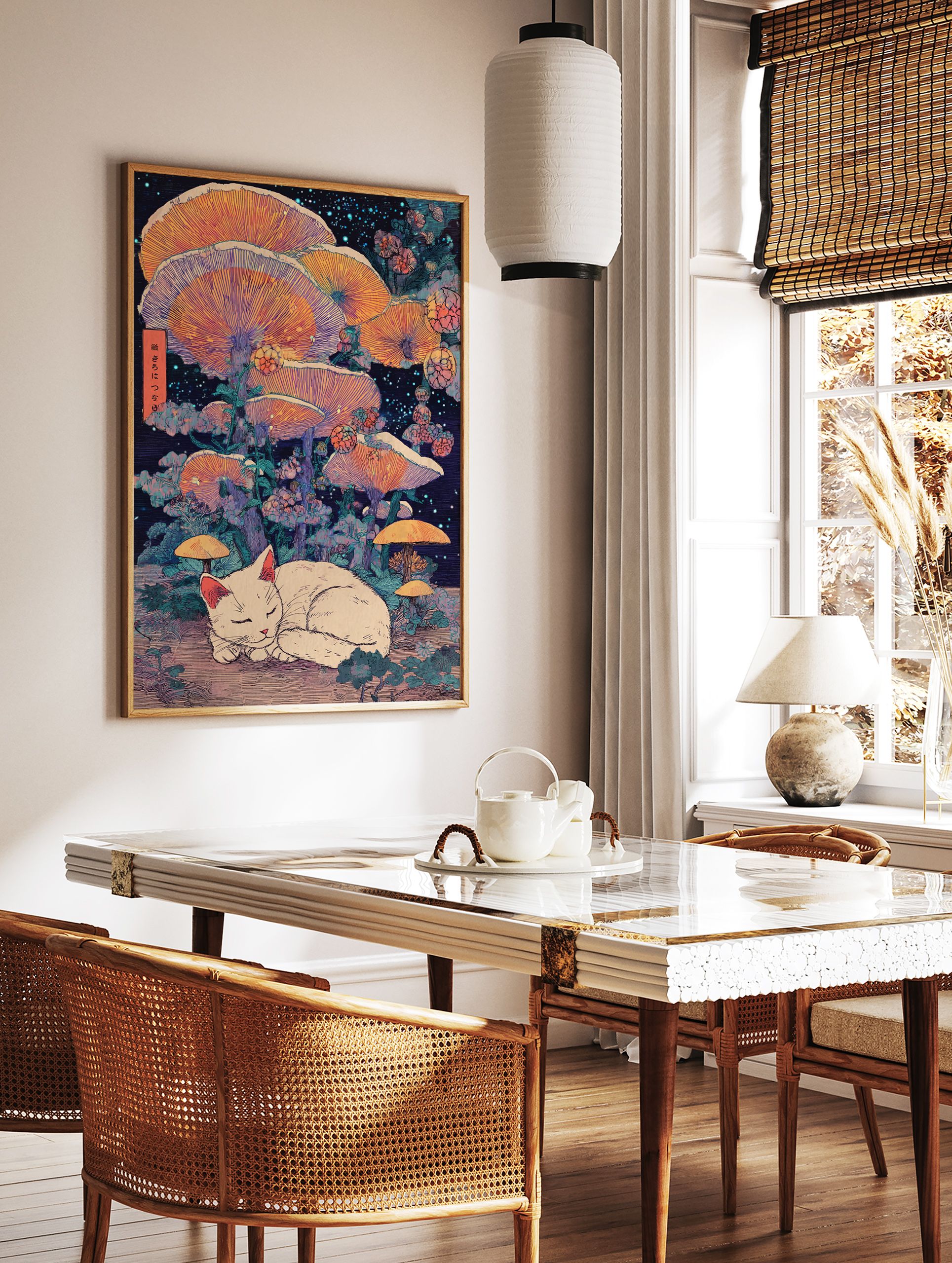 Whimsical sleeping white cat poster surrounded by large glowing orange mushrooms and starry night sky in Japanese art style. - Image 2