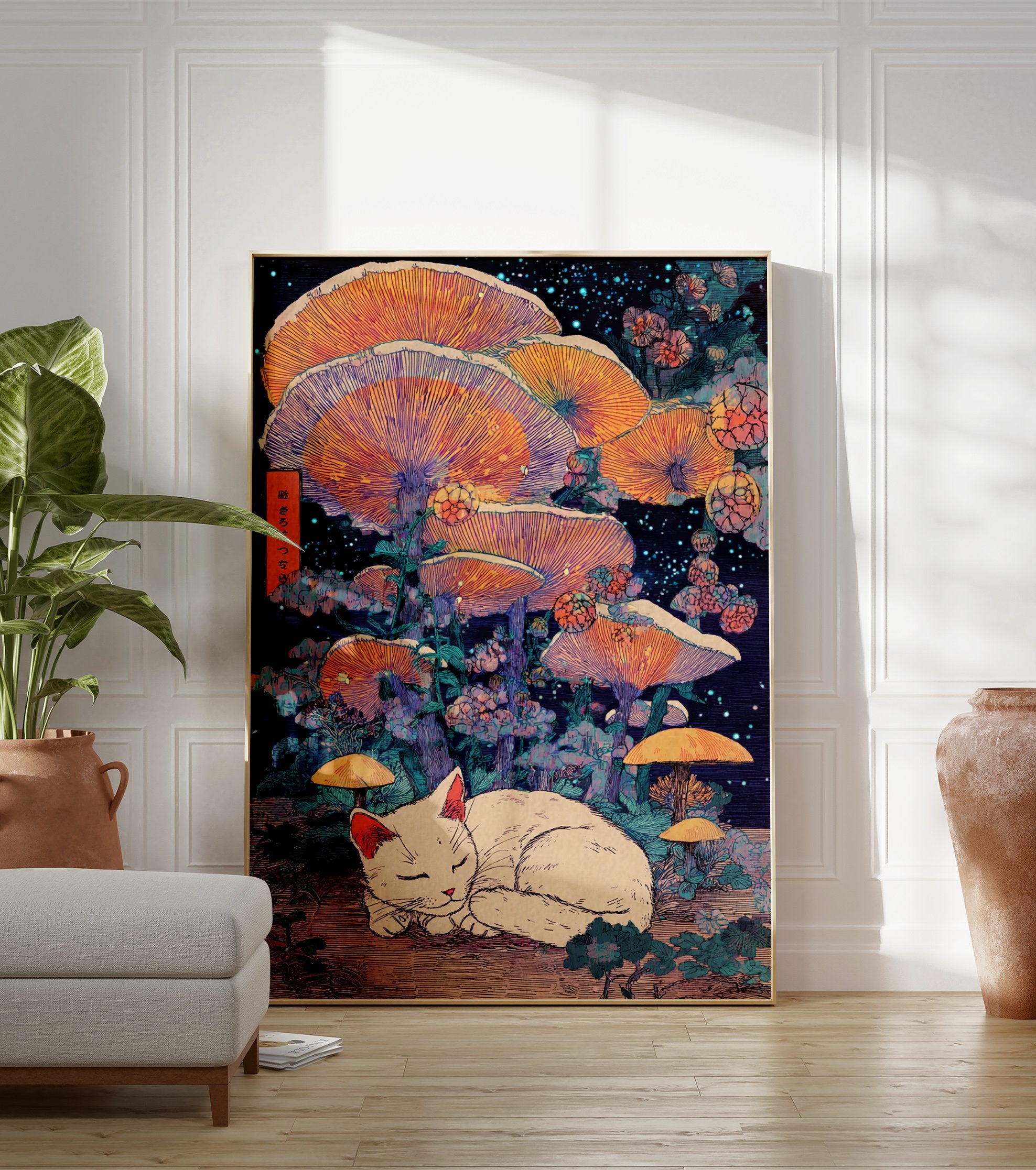 Whimsical sleeping white cat poster surrounded by large glowing orange mushrooms and starry night sky in Japanese art style. - Image 3