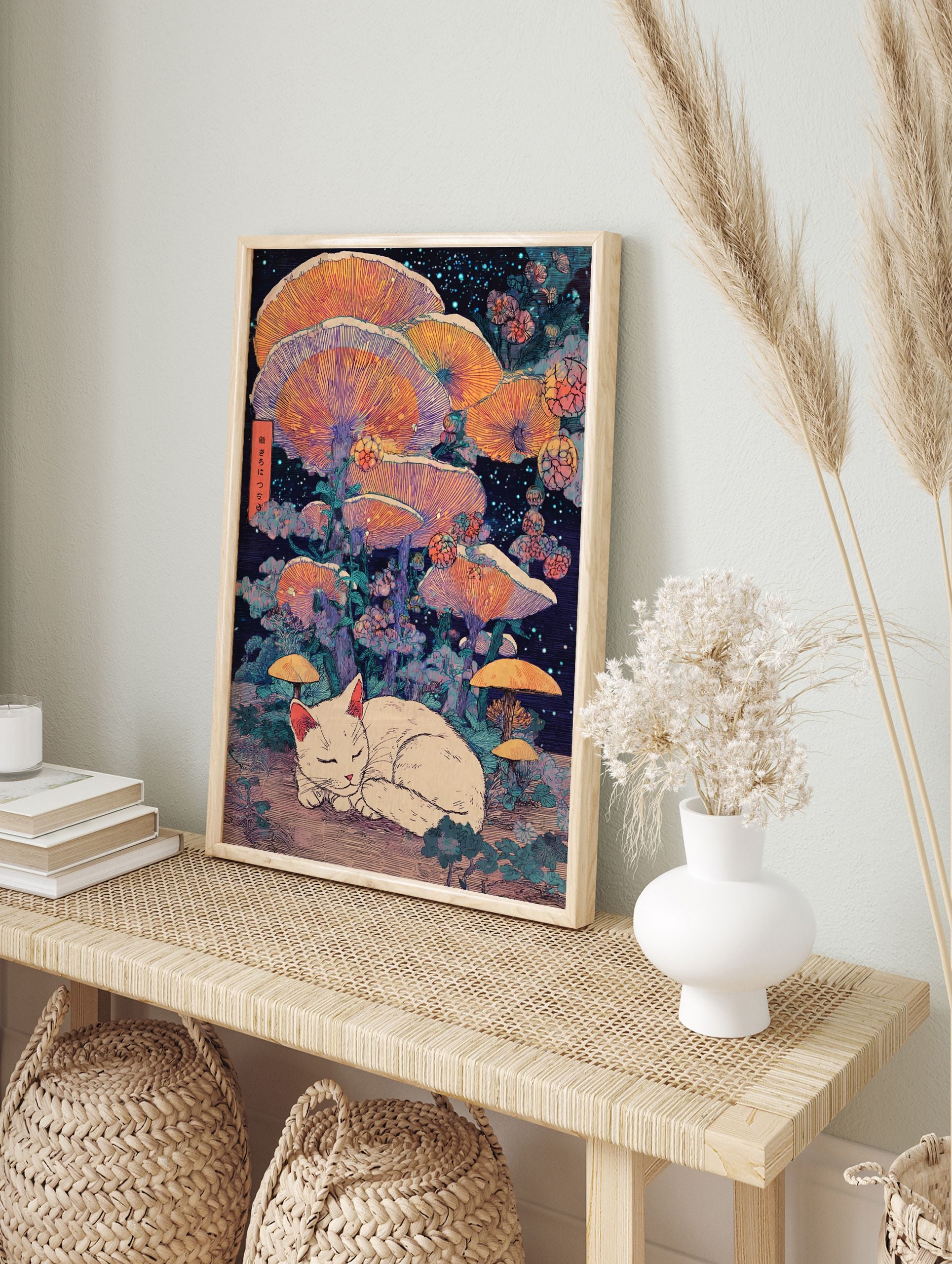 Whimsical sleeping white cat poster surrounded by large glowing orange mushrooms and starry night sky in Japanese art style. - Image 4