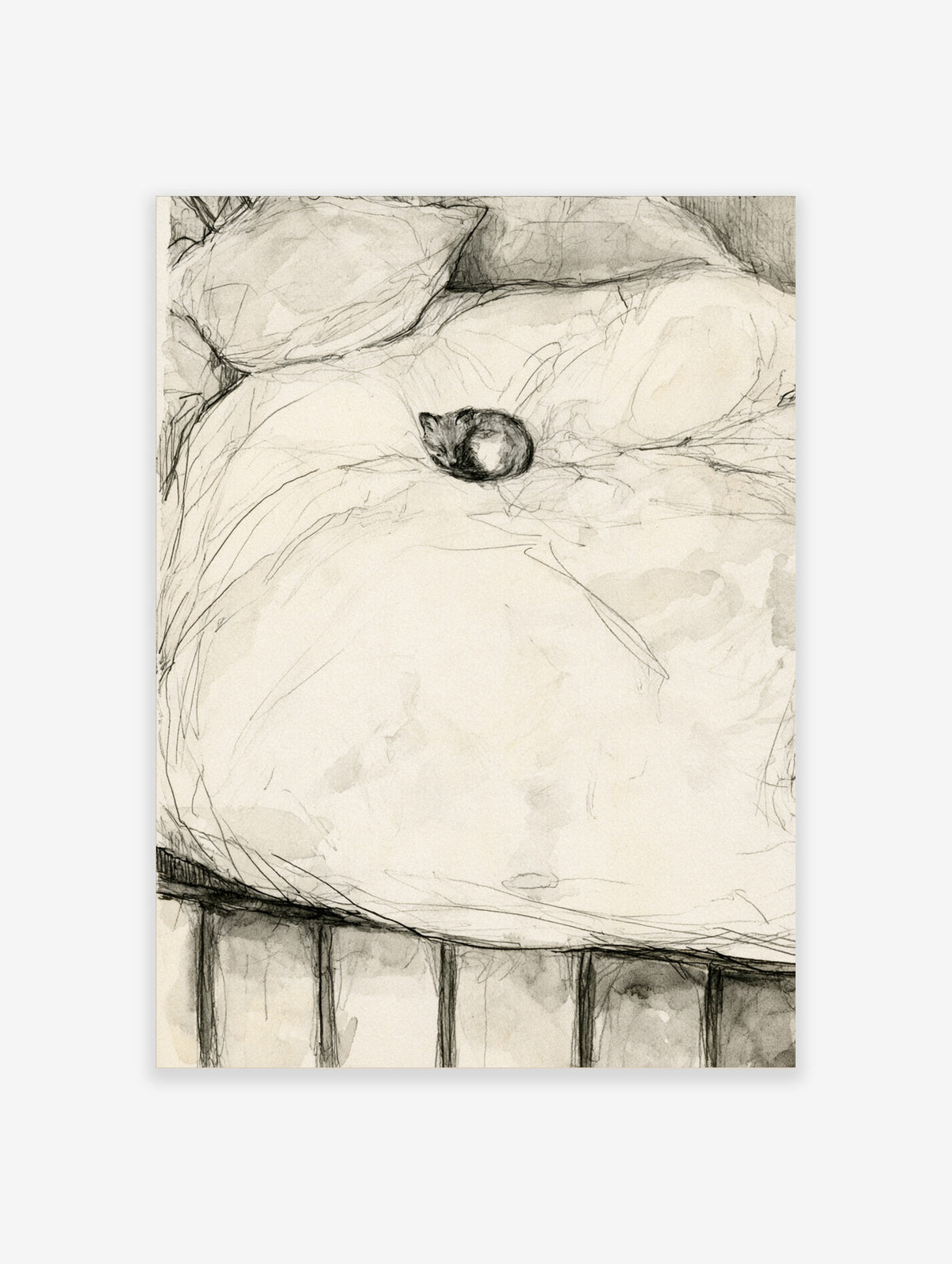 Charcoal sketch of a sleeping cat curled on a rumpled bed with pillows and loose linework