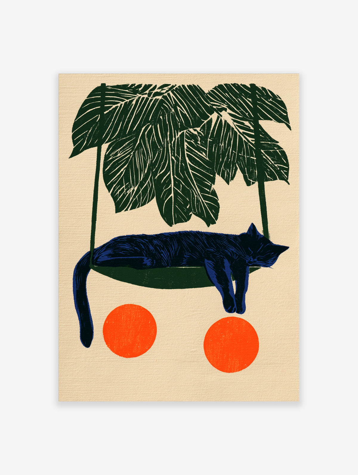 Illustrative blue cat sleeping in a green hammock under palm leaves with two orange circles on a neutral background