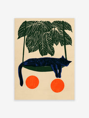 Illustrative blue cat sleeping in a green hammock under palm leaves with two orange circles on a neutral background