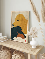 Japanese-style sleeping dog wall art print featuring a golden dog and a black and tan dog resting peacefully. - Image 3