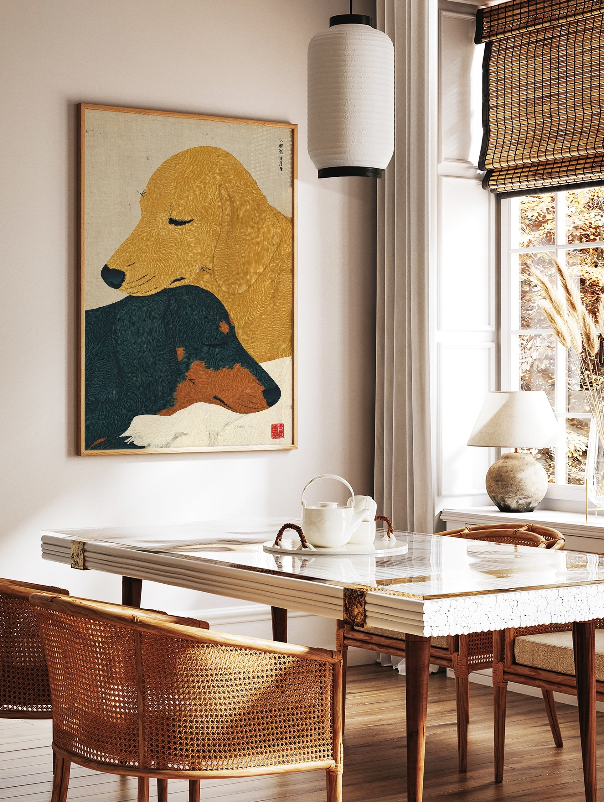 Japanese style dog wall art featuring two sleeping dogs, one golden and one black and tan, on a textured background. - Image 2