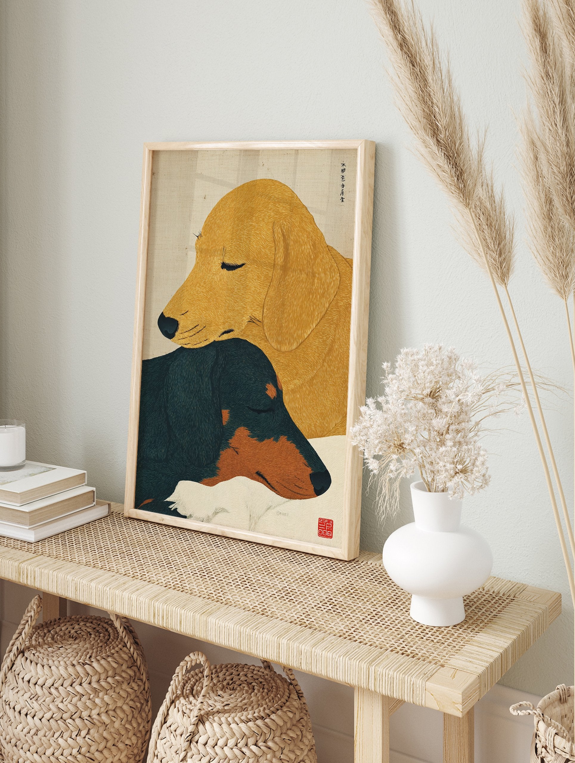 Japanese style dog wall art featuring two sleeping dogs, one golden and one black and tan, on a textured background. - Image 3