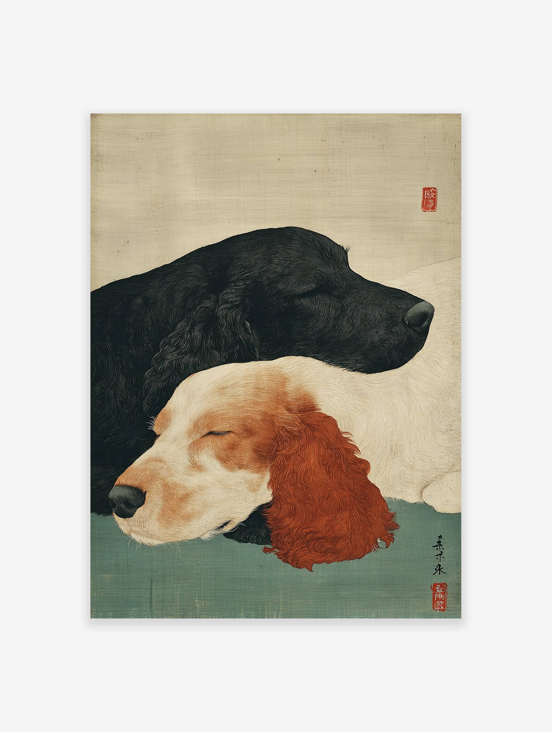 Japanese woodblock style art print of two sleeping dogs, one black and one white with brown ears, on a teal and cream background.