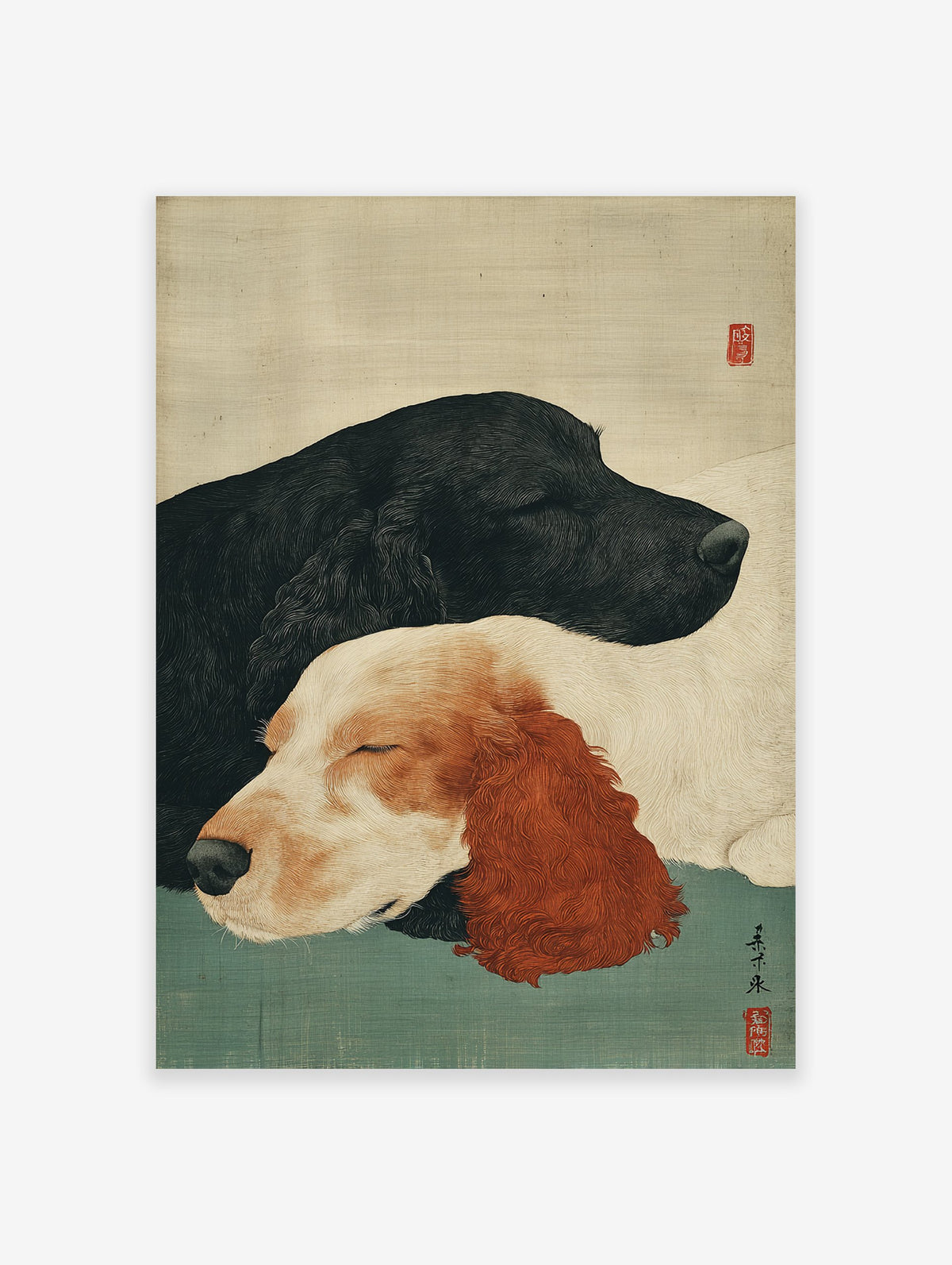 Japanese woodblock style art print of two sleeping dogs, one black and one white with brown ears, on a teal and cream background.