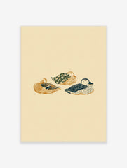 Illustrative print of three sleeping ducks in golden-brown, dark blue, and floral green on a light beige background