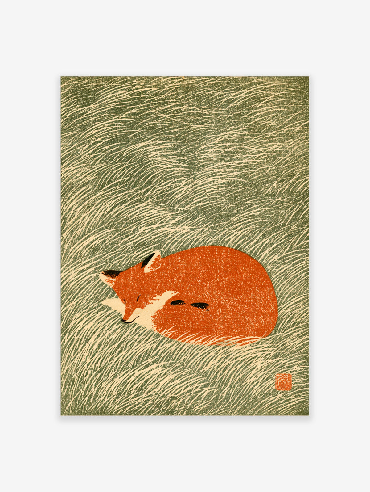 Sleeping fox illustration with orange coat on green textured background, Japanese woodblock style animal poster
