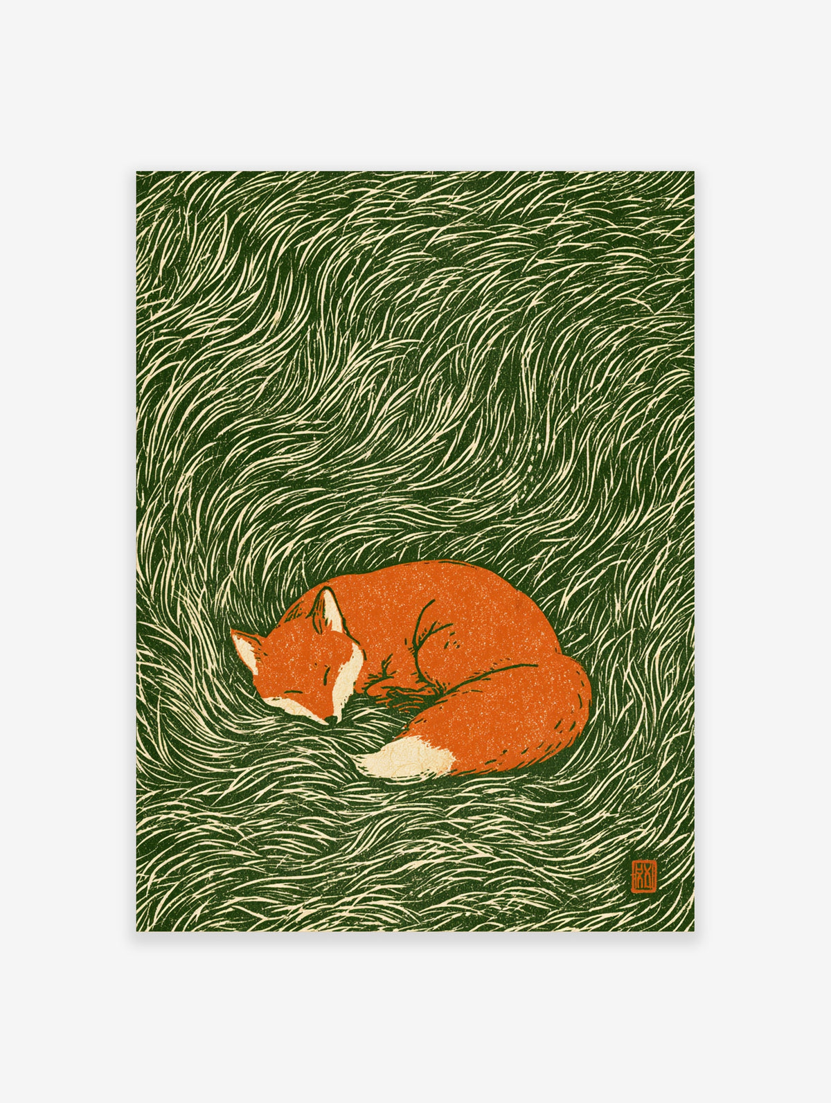 Sleeping fox art print with orange fur on a swirling green and cream woodblock-style background