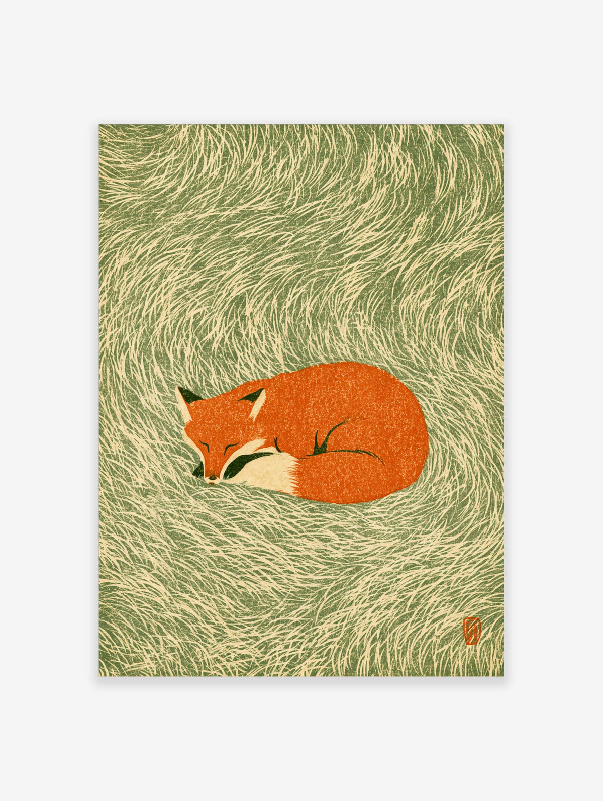 Sleeping fox art print with curled orange fox on swirling green and cream background
