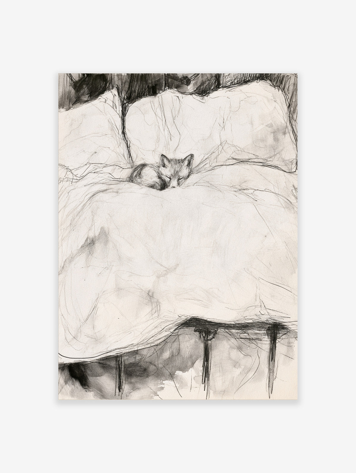 Charcoal sketch poster of a sleeping fox curled on a bed with pencil linework and grey wash shading