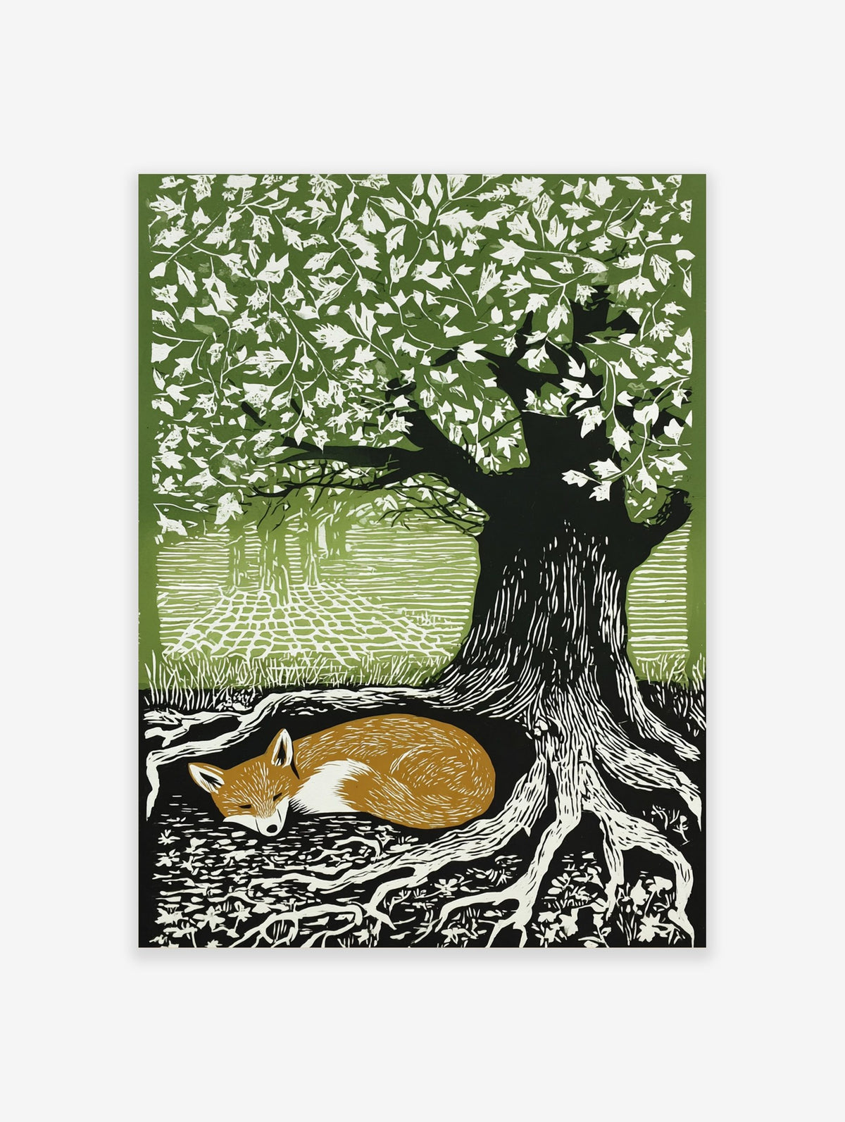 Woodcut style print of a sleeping russet fox curled at the base of a large tree with green leaves and exposed roots