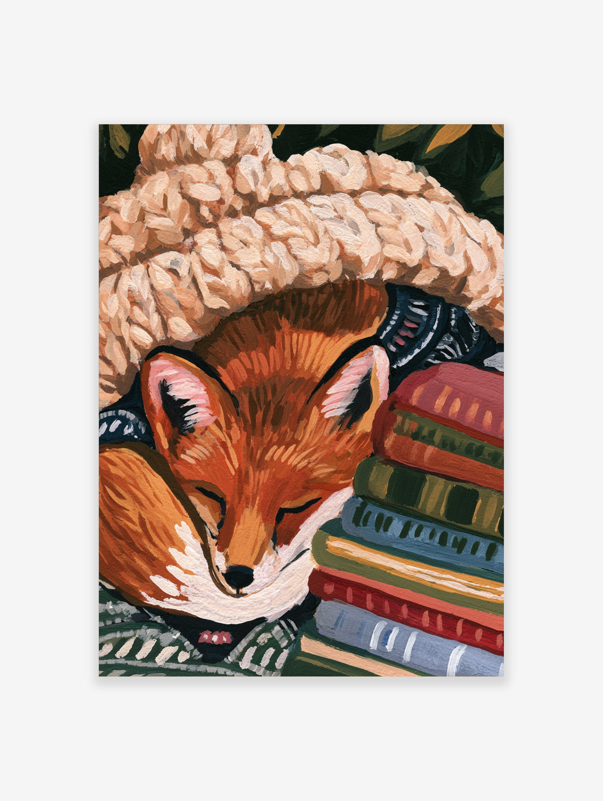 Illustrative art print of a sleeping fox wearing a knitted hat, resting head on stacked books, in warm autumnal colours