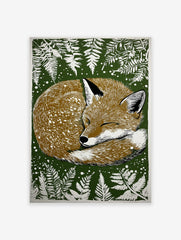 Illustrated sleeping fox wall art print curled up on a dark green background with white fern leaves and speckles.