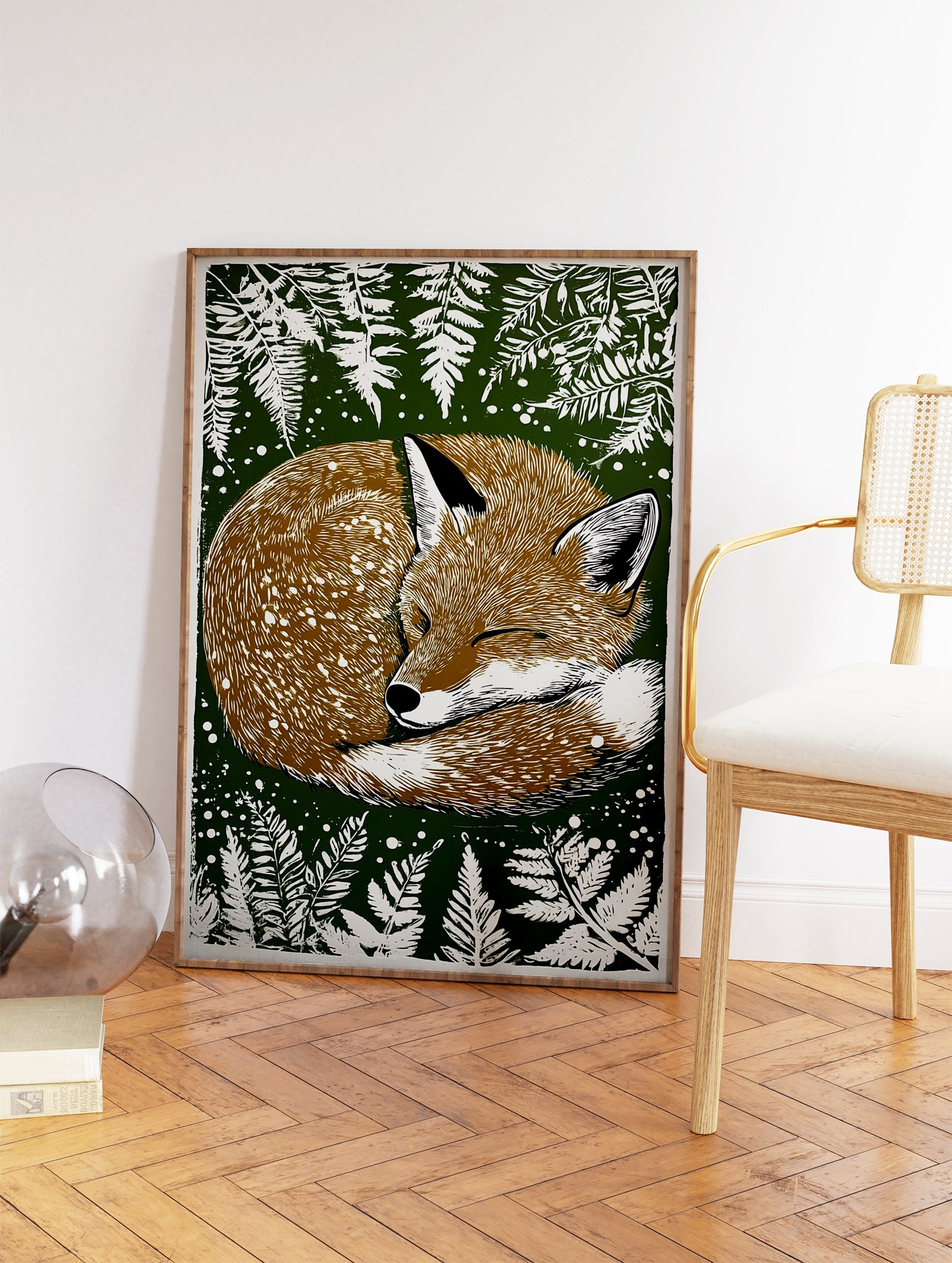 Illustrated sleeping fox wall art print curled up on a dark green background with white fern leaves and speckles. - Image 2