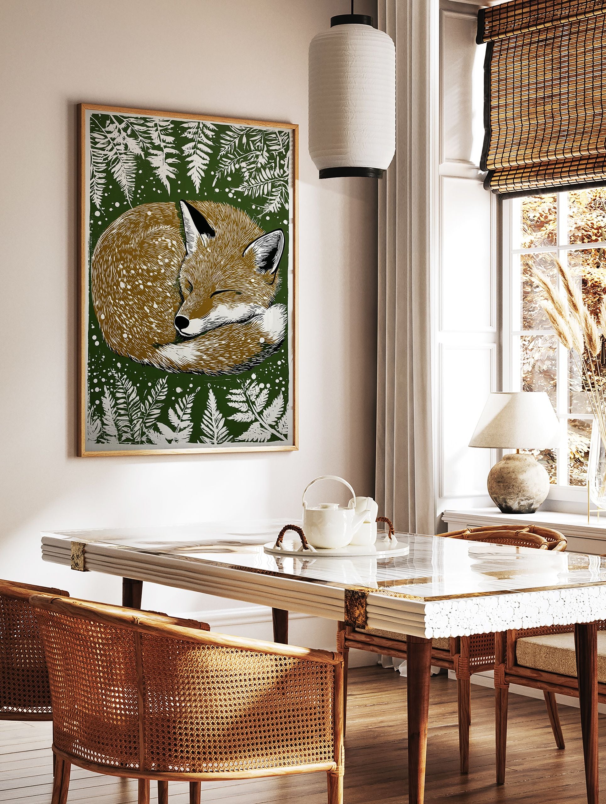 Illustrated sleeping fox wall art print curled up on a dark green background with white fern leaves and speckles. - Image 3