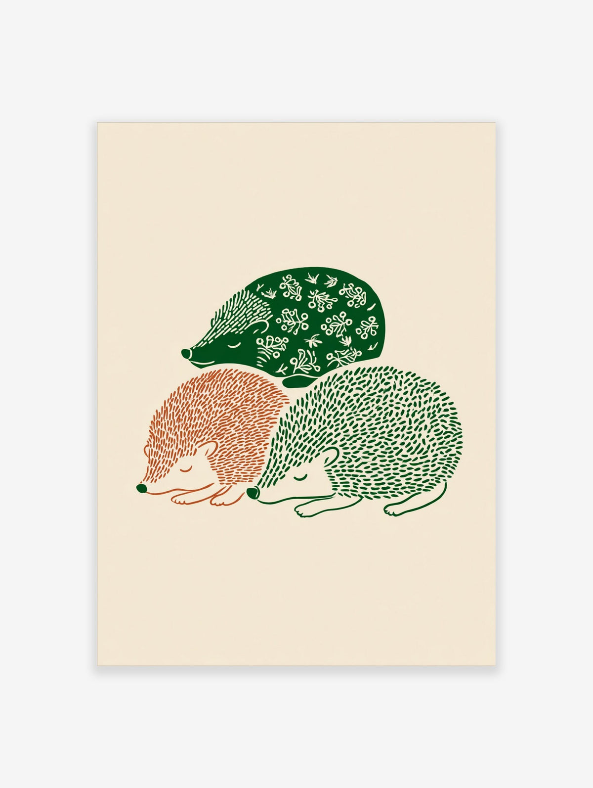 Three sleeping hedgehogs in green and terracotta folk art illustration on a beige background