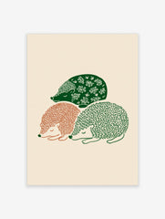 Three sleeping hedgehogs in green and terracotta folk art illustration on a beige background