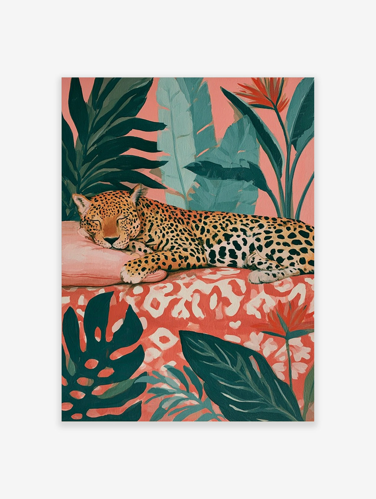 Sleeping leopard illustration with monstera leaves and bird of paradise flowers on a pink background