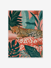 Sleeping leopard illustration with monstera leaves and bird of paradise flowers on a pink background