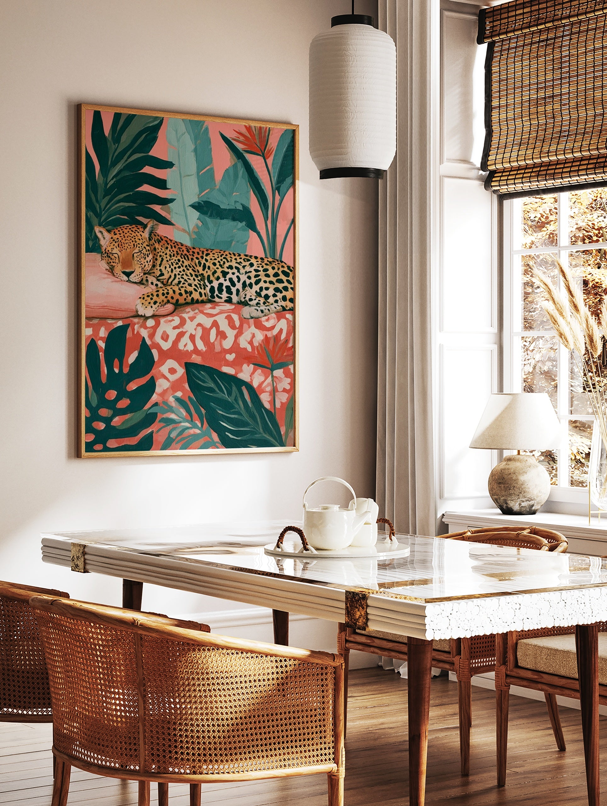 Sleeping leopard illustration with monstera leaves and bird of paradise flowers on a pink background, in a styled room mockup