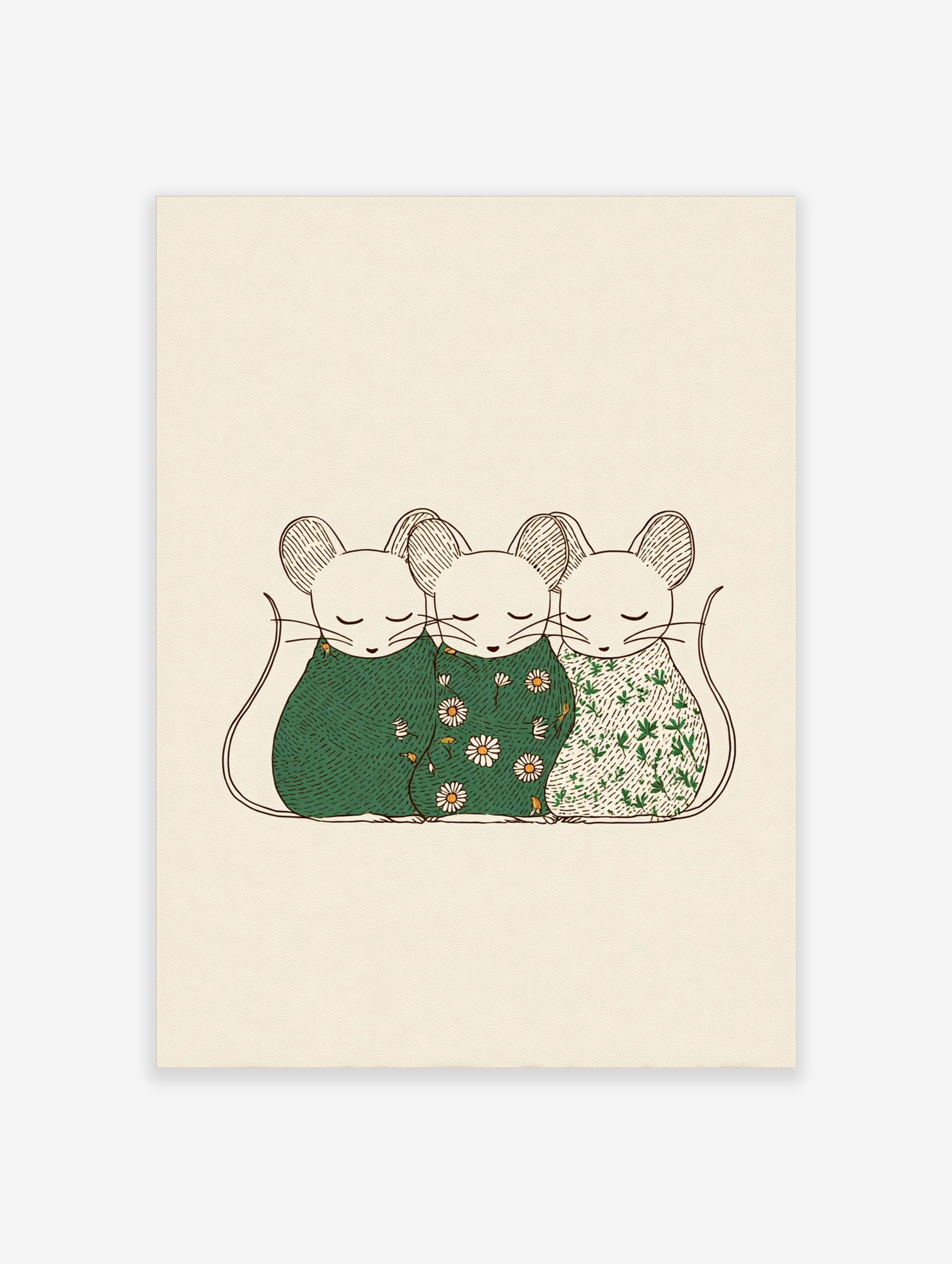 Three illustrative sleeping mice in patterned green coverings on a light beige background, outlined in brown
