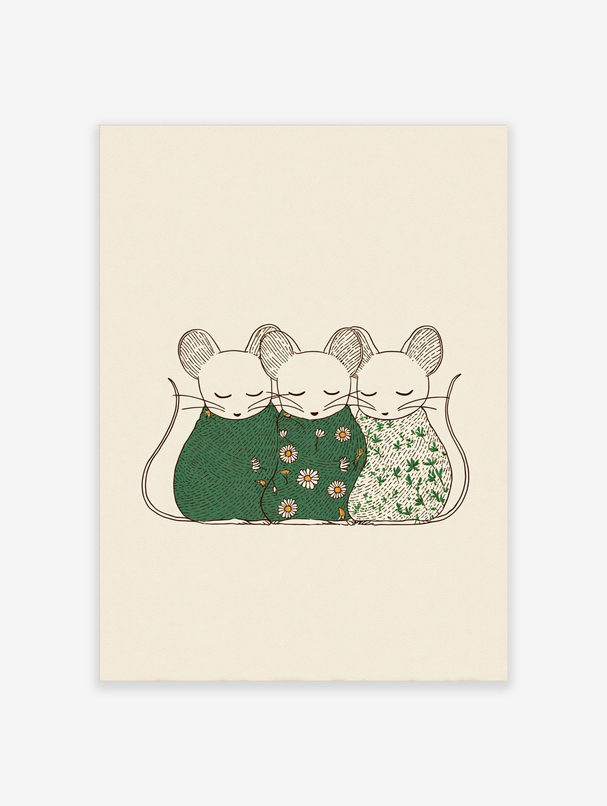 Three illustrative sleeping mice in patterned green coverings on a light beige background, outlined in brown