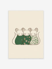 Three illustrative sleeping mice in patterned green coverings on a light beige background, outlined in brown