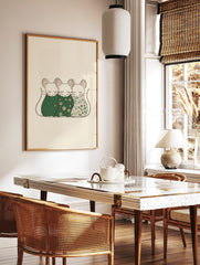 Three illustrative sleeping mice in patterned green coverings on a light beige background, outlined, in a styled room mockup