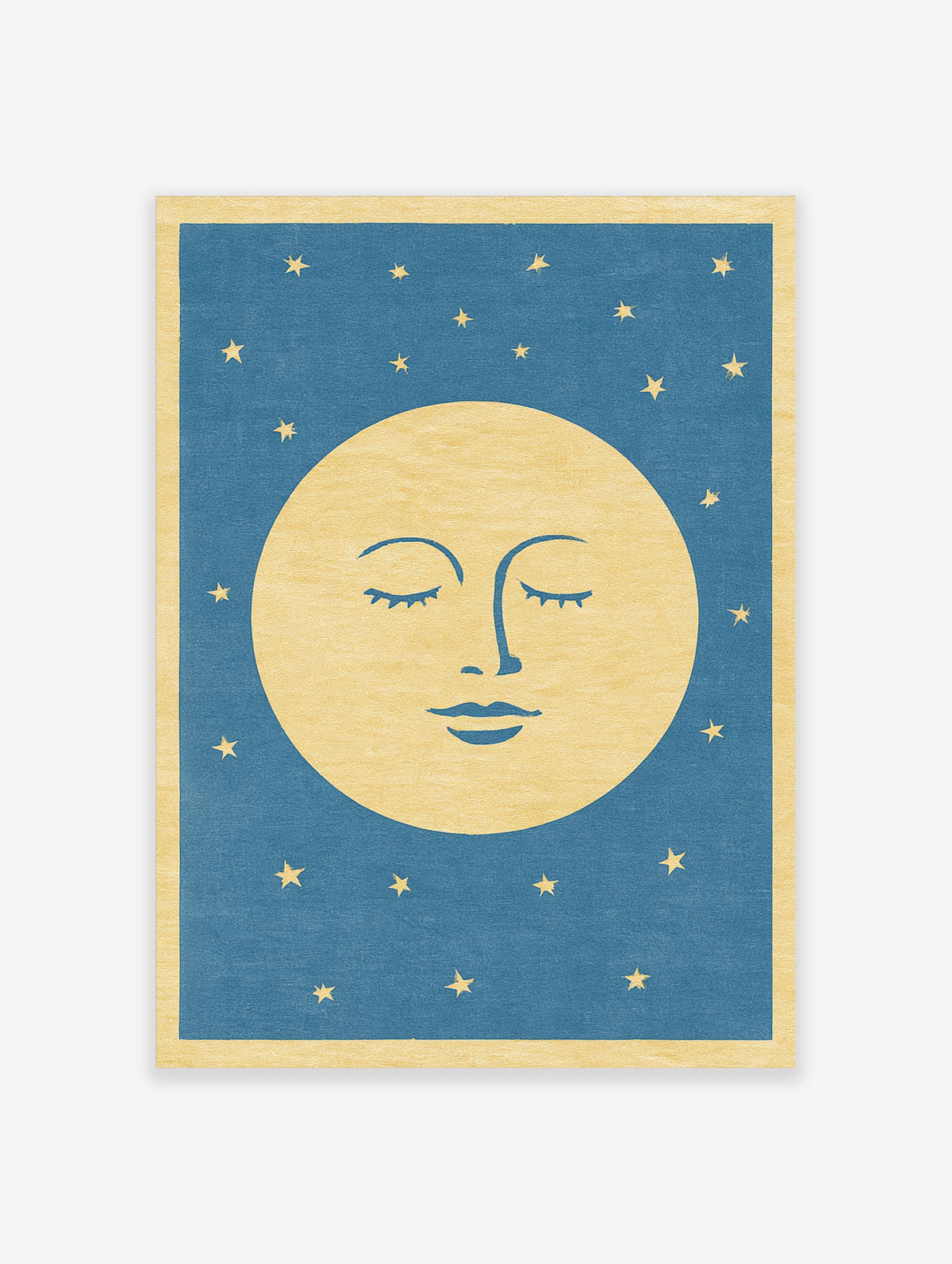 Stylised sleeping moon face illustration with closed eyes and gold stars on a blue background, celestial wall art print