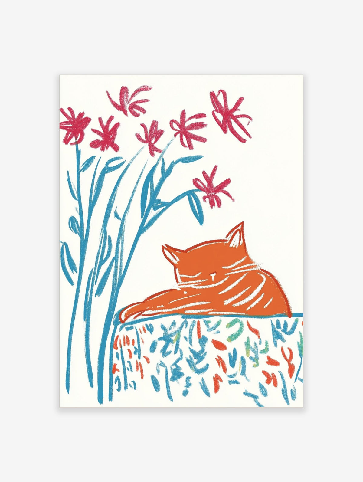 Illustrative print of a sleeping orange cat with red flowers and blue stems on a patterned surface