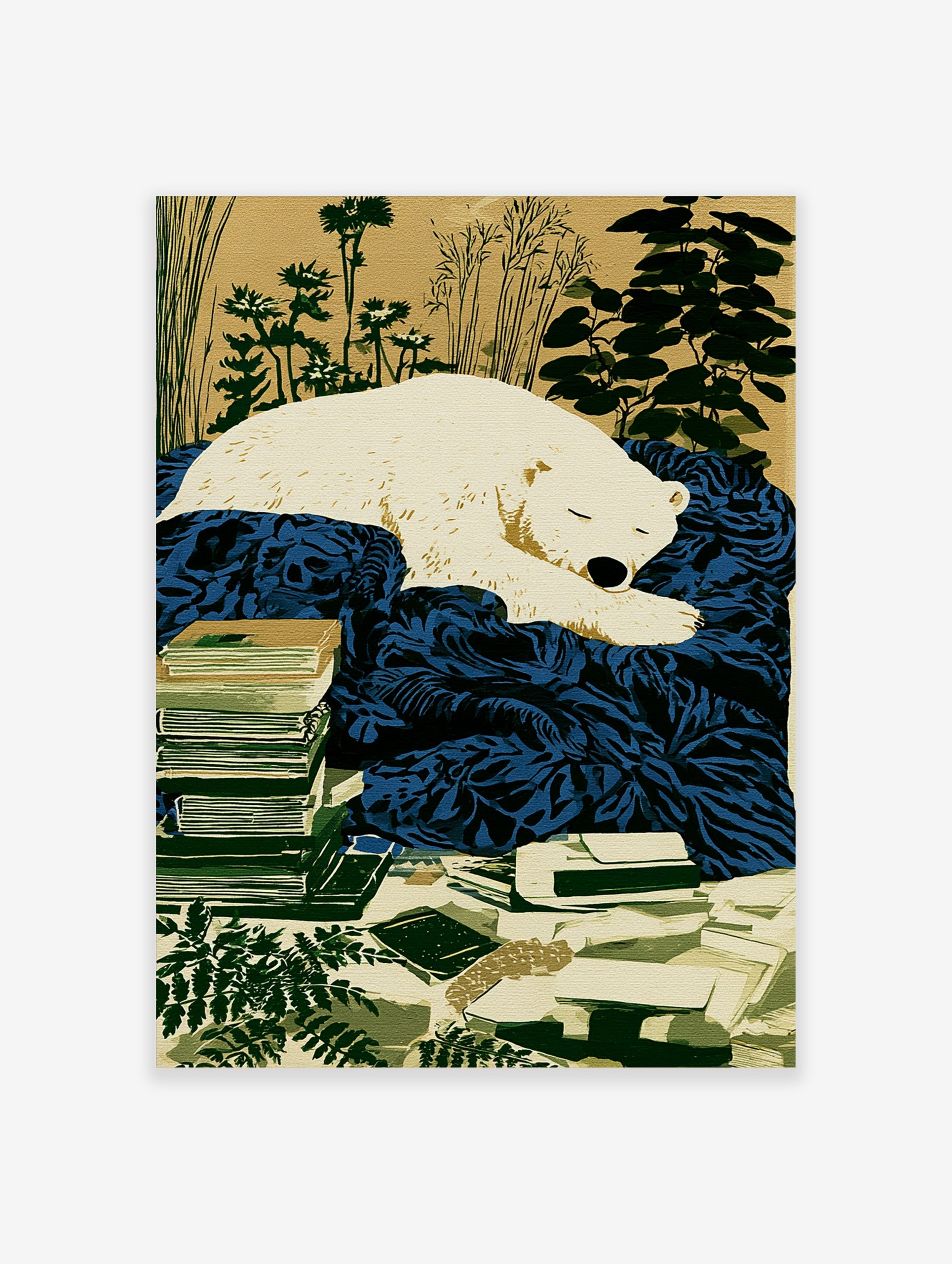 Illustration of a sleeping white polar bear on a deep blue blanket, with stacked books and plants, tan background
