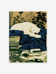 Illustration of a sleeping white polar bear on a deep blue blanket, with stacked books and plants, tan background