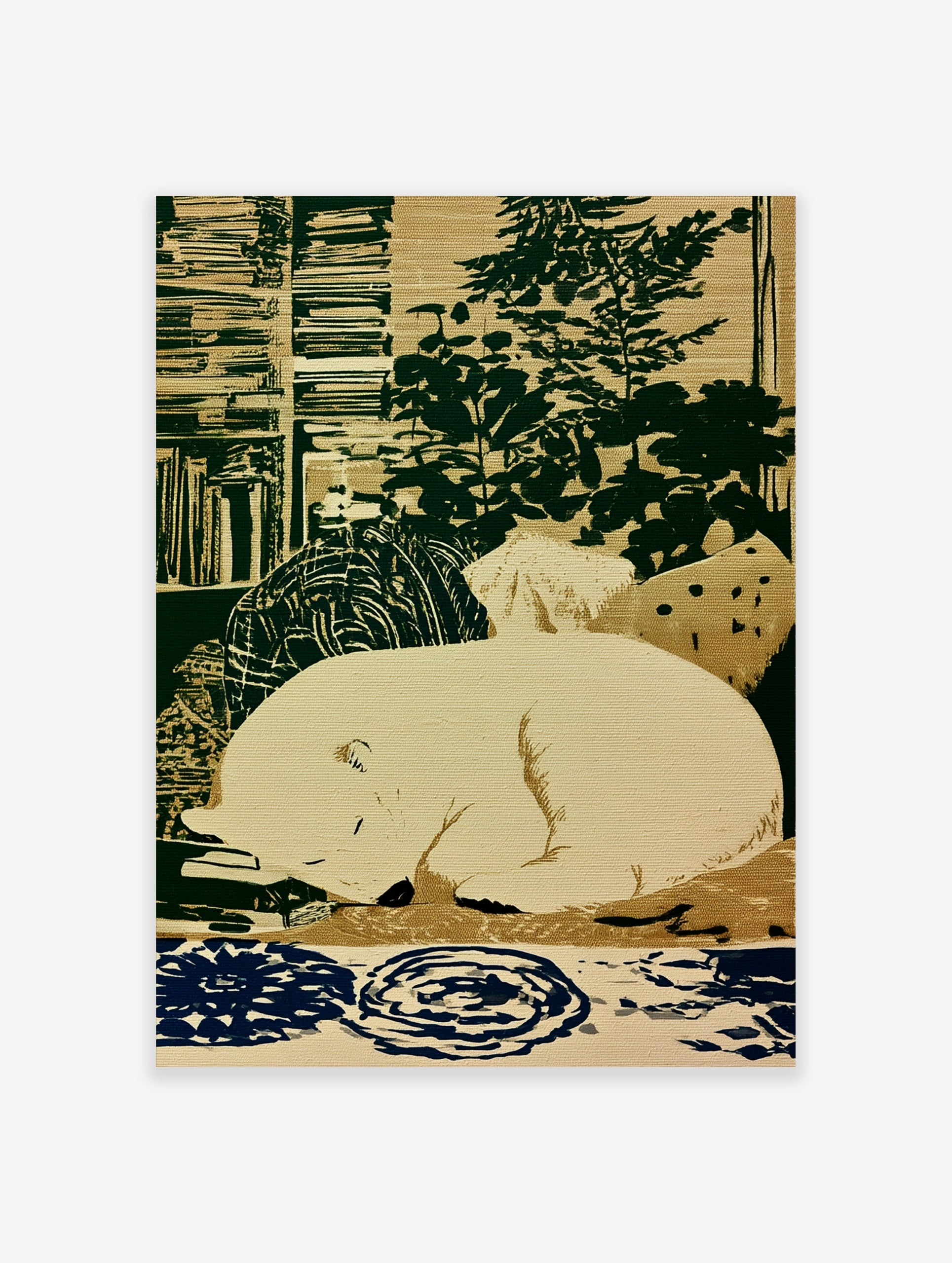 Sleeping polar bear illustration on cream background with green and blue patterned details, art print