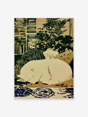 Sleeping polar bear illustration on cream background with green and blue patterned details, art print