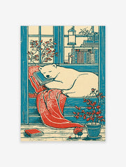 Illustrative polar bear sleeping on a stack of books with a red blanket and potted plant in blue and red tones