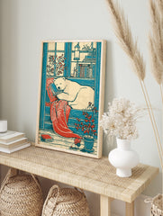 Illustrative polar bear sleeping on a stack of books with a red blanket and potted plant in, in an alternate framed mockup
