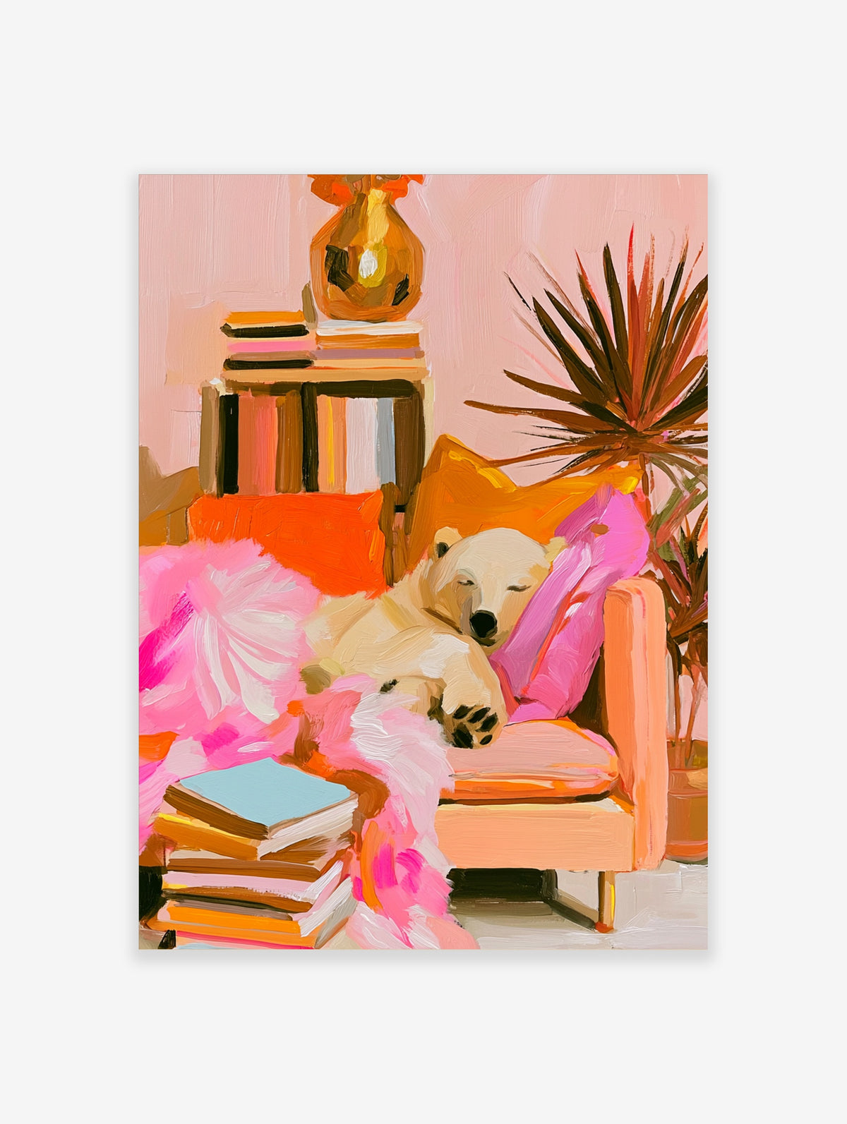 Impressionist style polar bear sleeping on a sofa with books and a houseplant, featuring pink and orange tones