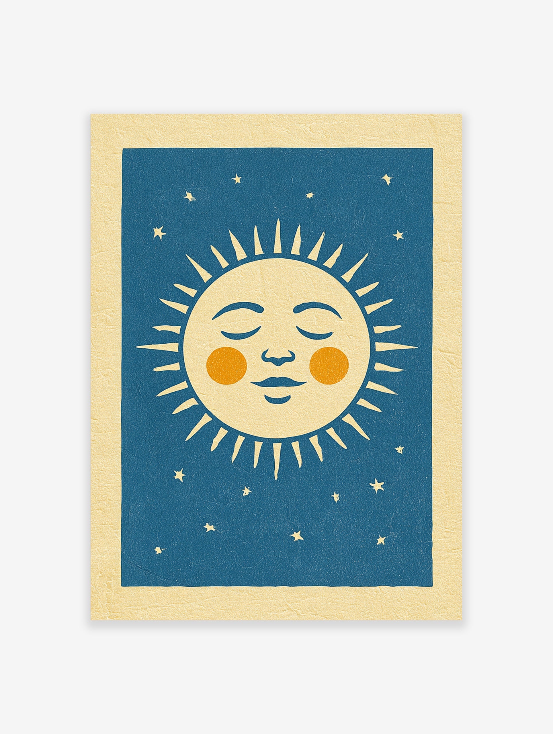 Retro sleeping sun illustration with orange cheeks and stars on a deep blue background, unframed paper art print