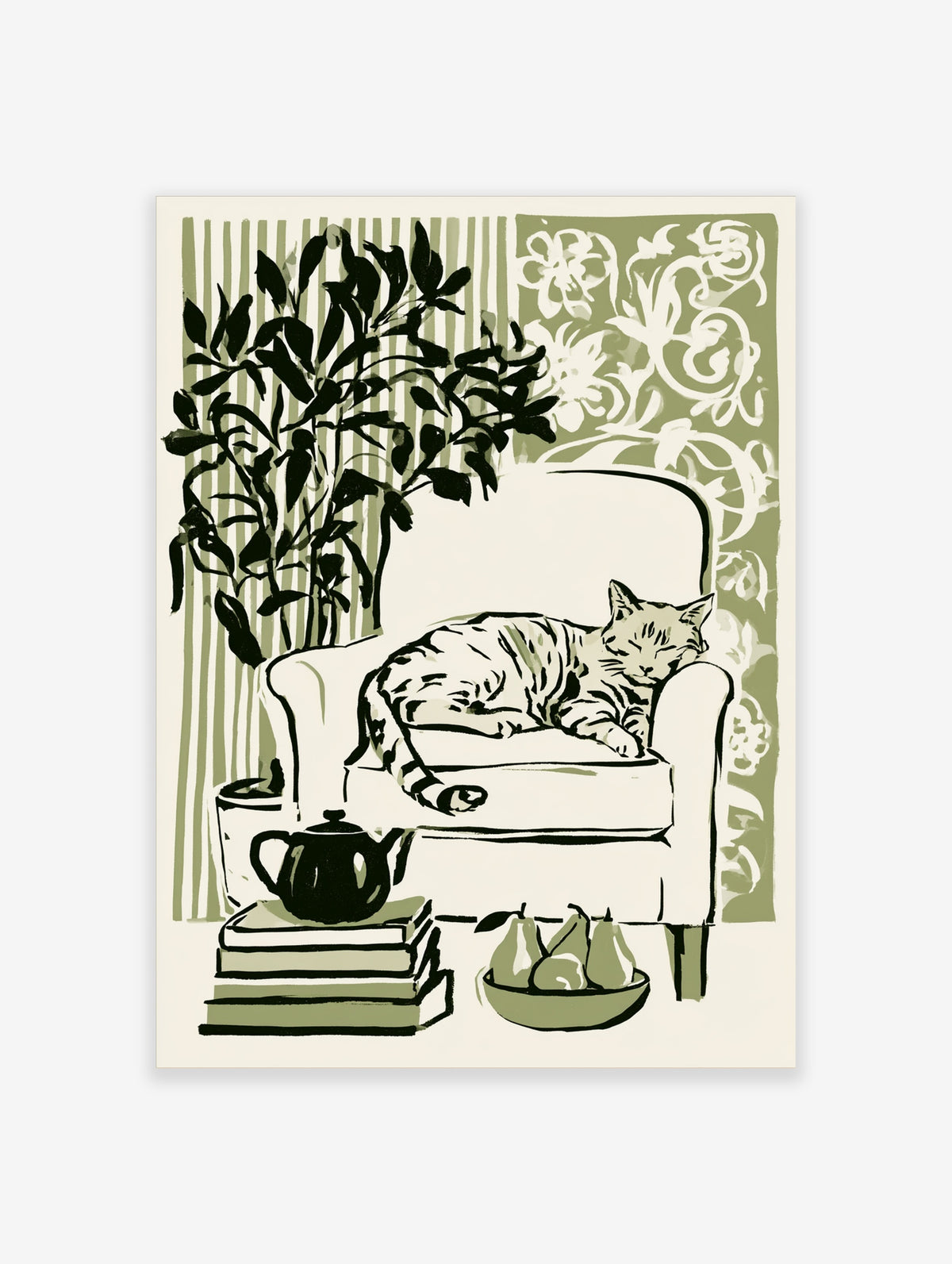 Sleeping tabby cat on white armchair with green plant, teapot and pears illustration