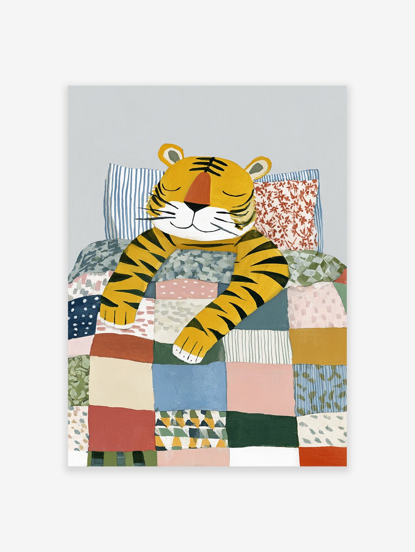 Illustrated sleeping tiger in a bed with a colorful patchwork quilt and striped pillows, perfect for kids room wall art.