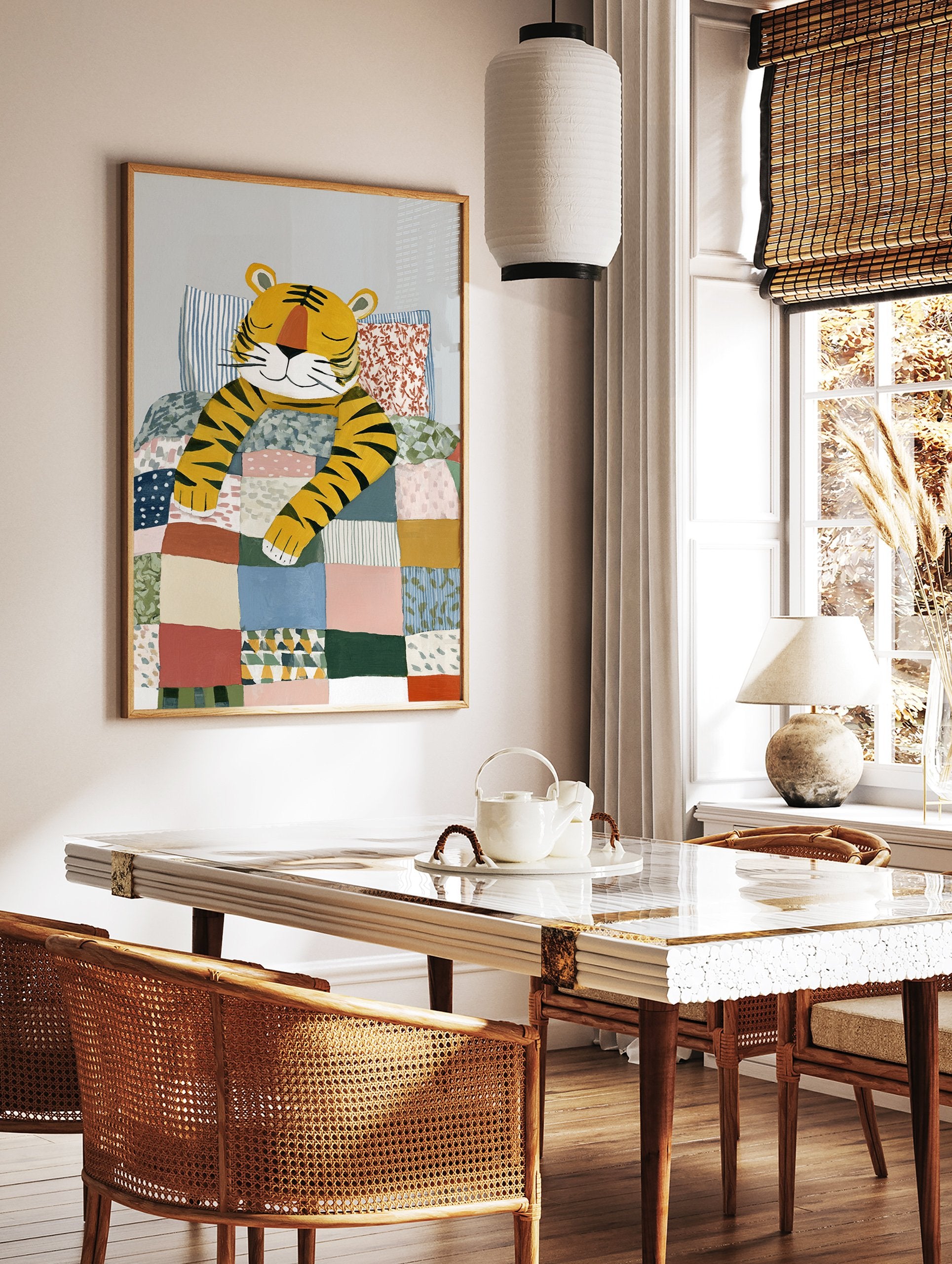 Illustrated sleeping tiger in a bed with a colorful patchwork quilt and striped pillows, perfect for kids room wall art. - Image 2