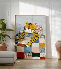 Illustrated sleeping tiger in a bed with a colorful patchwork quilt and striped pillows, perfect for kids room wall art. - Image 3