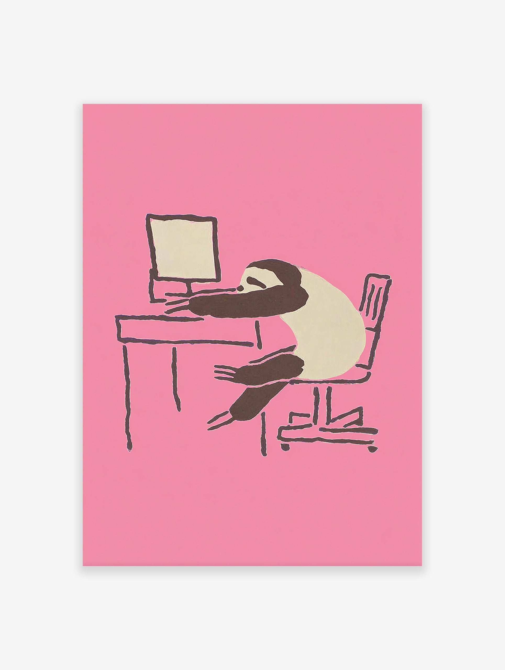 Pink sloth wall art illustration of a sleepy sloth slumped over an office desk with a computer.