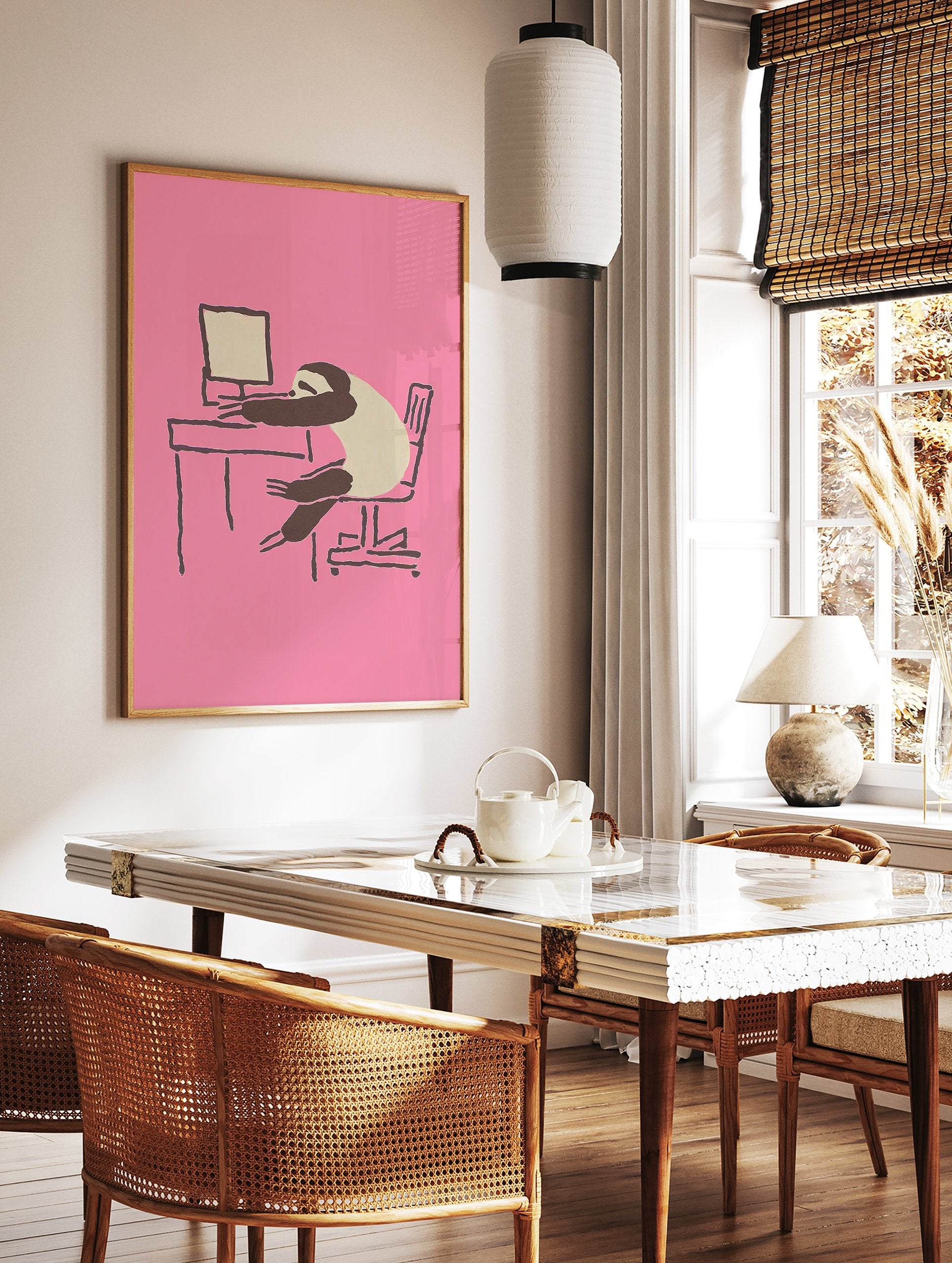 Pink sloth wall art illustration of a sleepy sloth slumped over an office desk with a computer. - Image 2