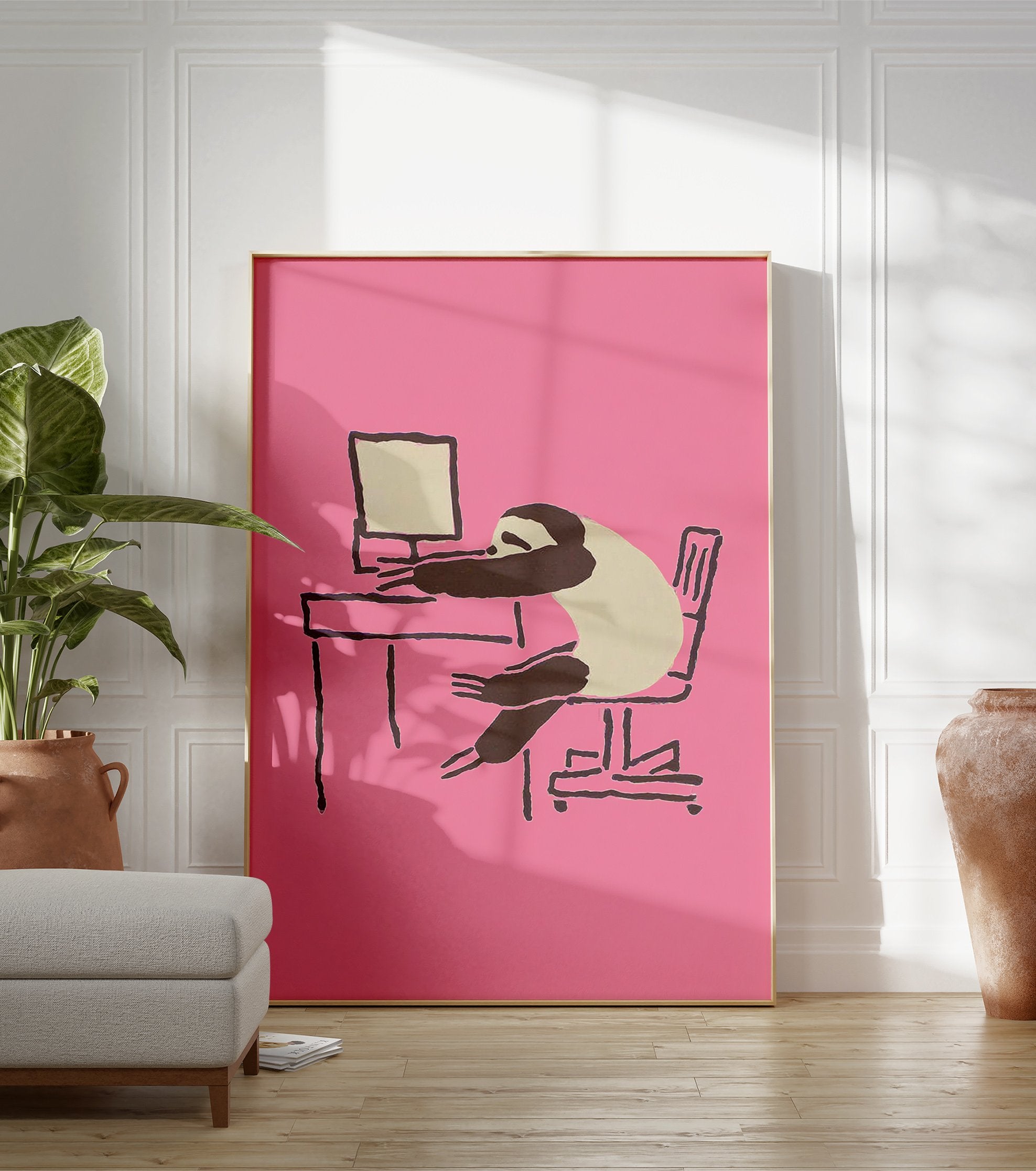 Pink sloth wall art illustration of a sleepy sloth slumped over an office desk with a computer. - Image 3